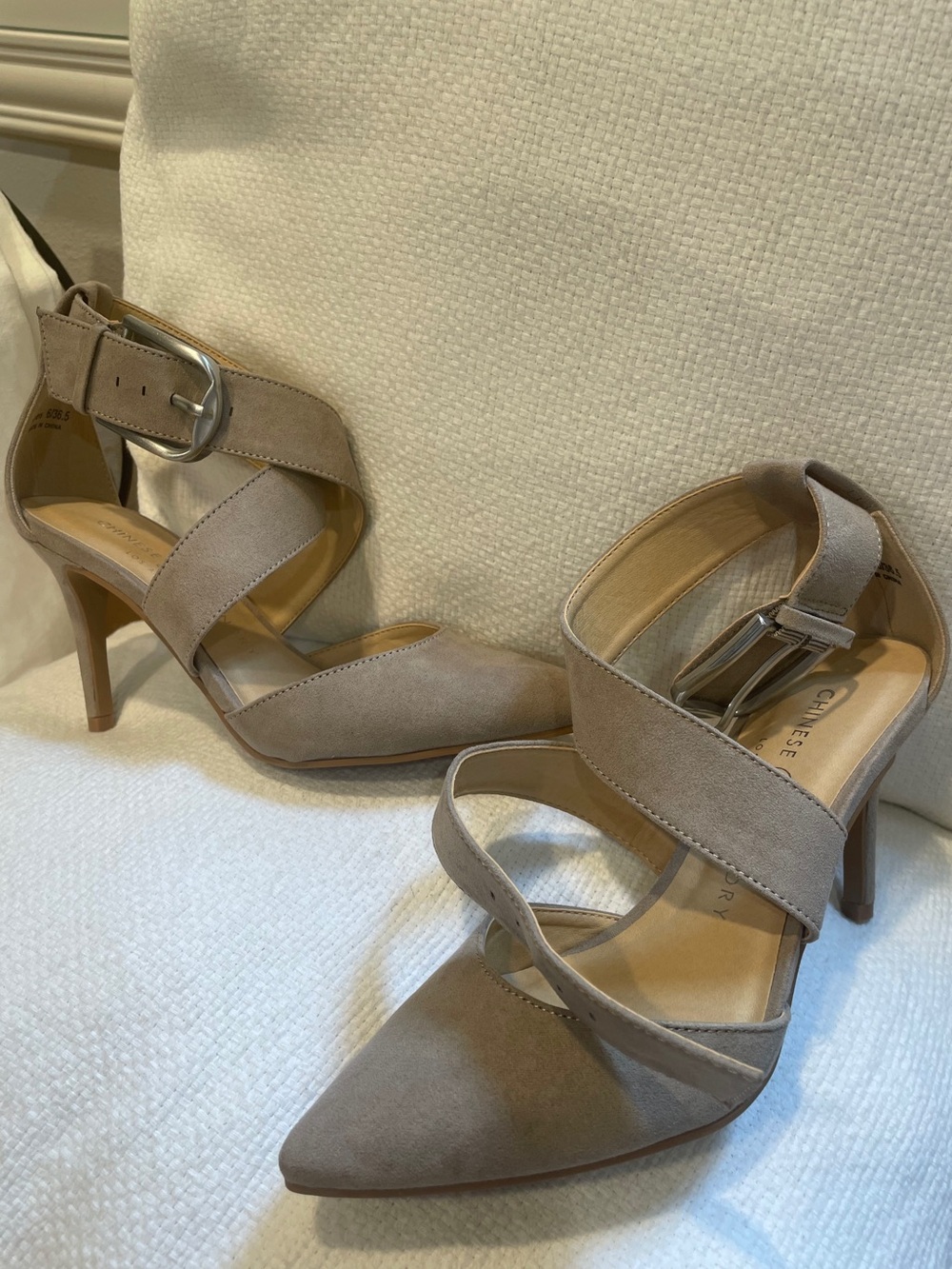 Chinese Laundry Taupe Crisscross Pointed-Toe Ankle Strap Heels